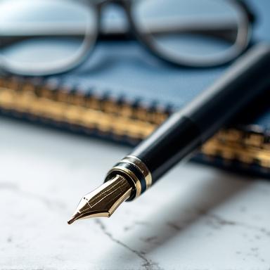 Documento legale con penna stilografica ed occhiali